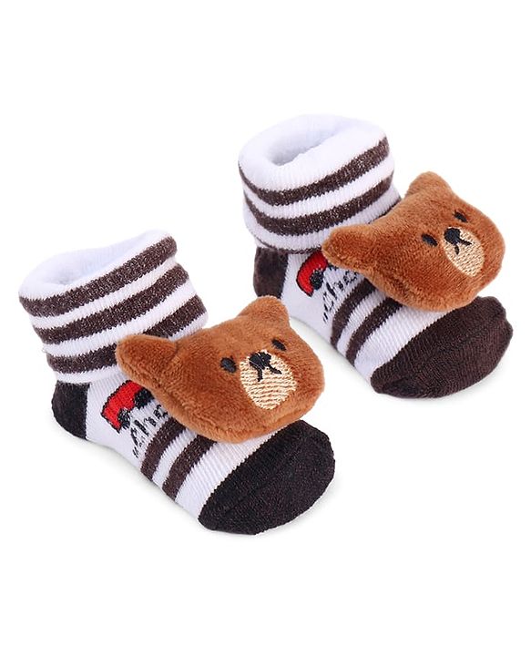 Cute Walk by Babyhug Striped Fabric Socks With Teddy Bear Applique - Brown & White