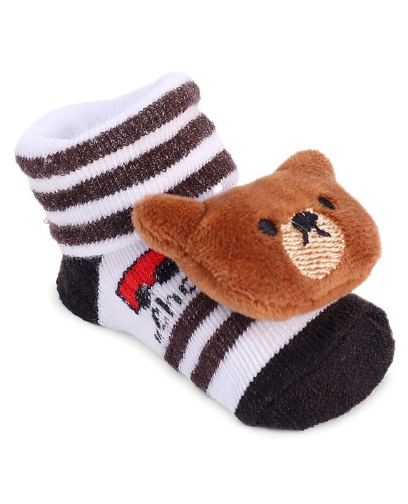 Cute Walk by Babyhug Striped Fabric Socks With Teddy Bear Applique - Brown & White