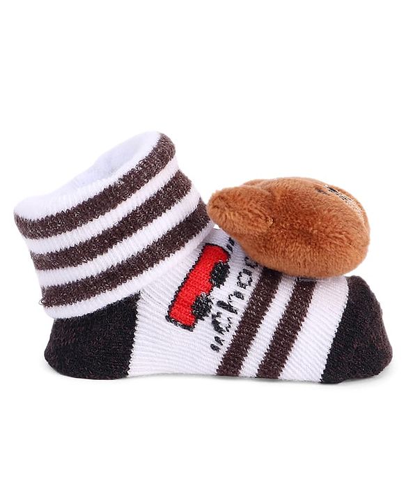 Cute Walk by Babyhug Striped Fabric Socks With Teddy Bear Applique - Brown & White