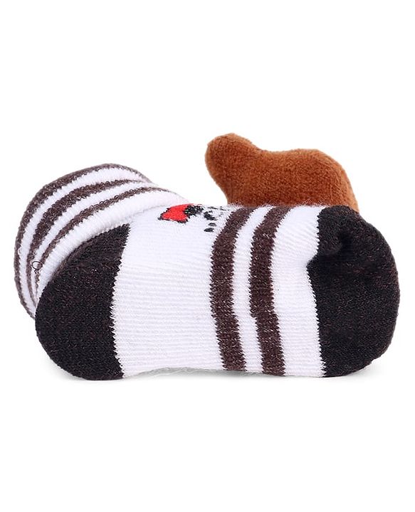 Cute Walk by Babyhug Striped Fabric Socks With Teddy Bear Applique - Brown & White