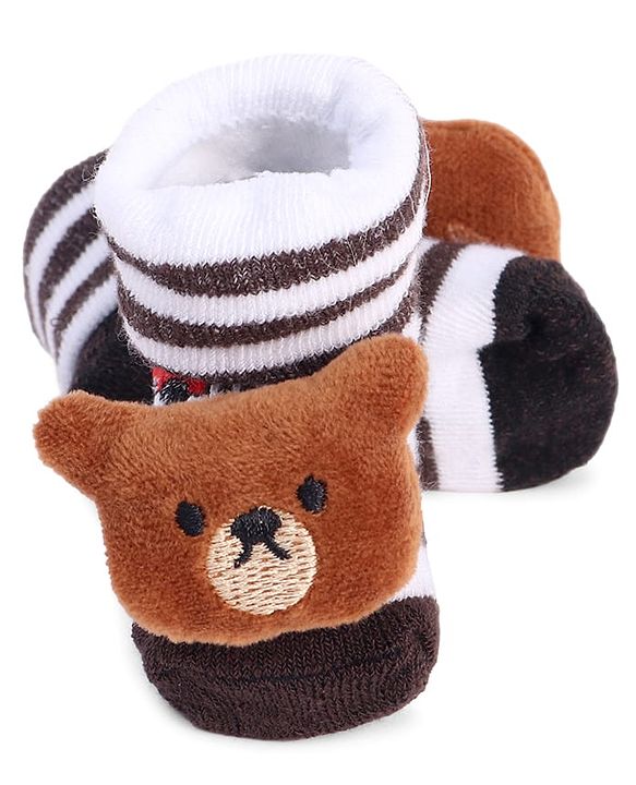 Cute Walk by Babyhug Striped Fabric Socks With Teddy Bear Applique - Brown & White