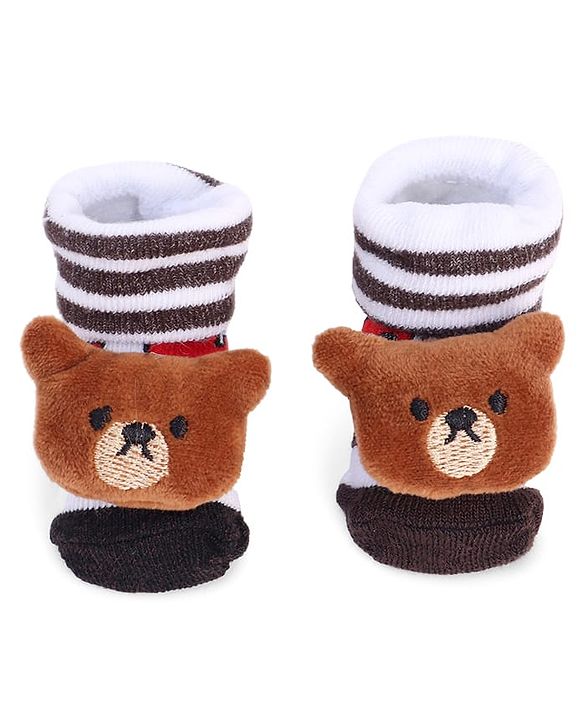Cute Walk by Babyhug Striped Fabric Socks With Teddy Bear Applique - Brown & White