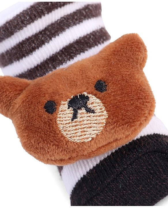 Cute Walk by Babyhug Striped Fabric Socks With Teddy Bear Applique - Brown & White