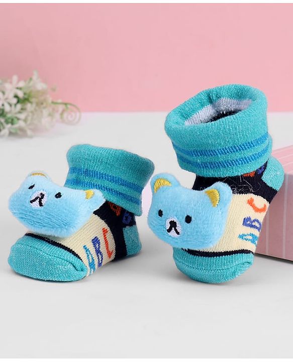 Cute Walk by Babyhug Ankle Length Sock Shoes with ABC Design & Bear Applique - Turquoise