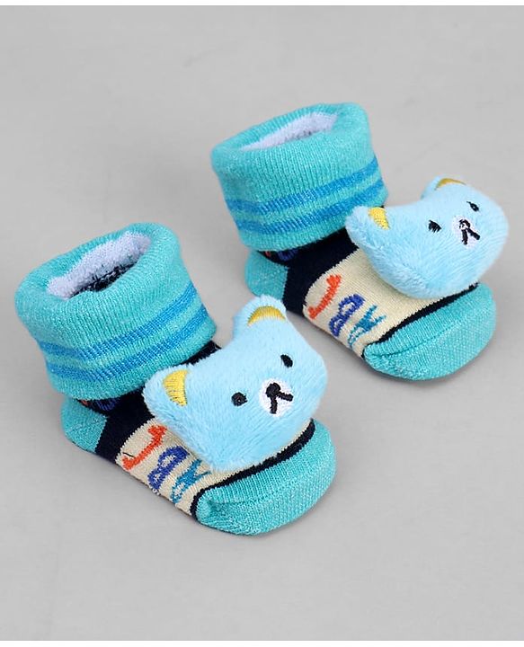 Cute Walk by Babyhug Ankle Length Sock Shoes with ABC Design & Bear Applique - Turquoise