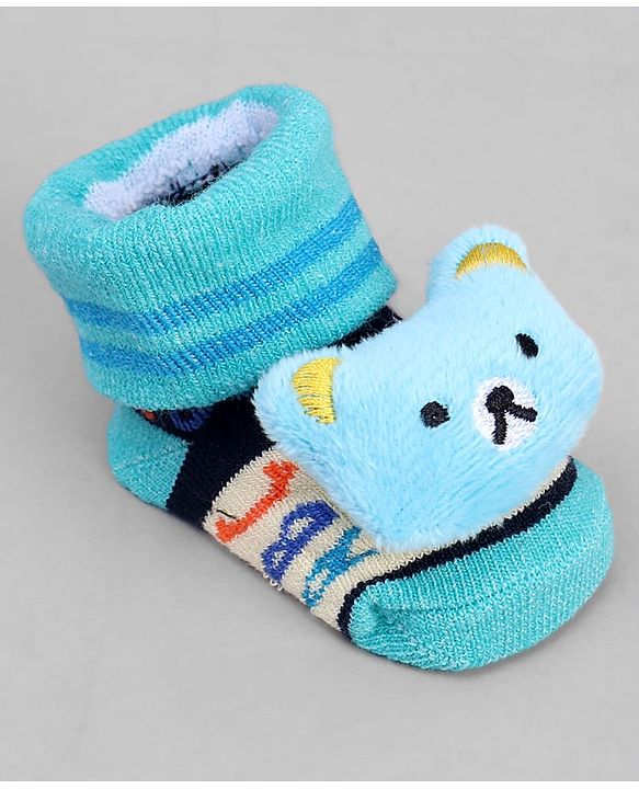 Cute Walk by Babyhug Ankle Length Sock Shoes with ABC Design & Bear Applique - Turquoise