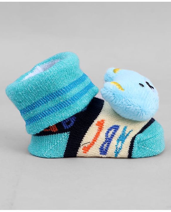 Cute Walk by Babyhug Ankle Length Sock Shoes with ABC Design & Bear Applique - Turquoise