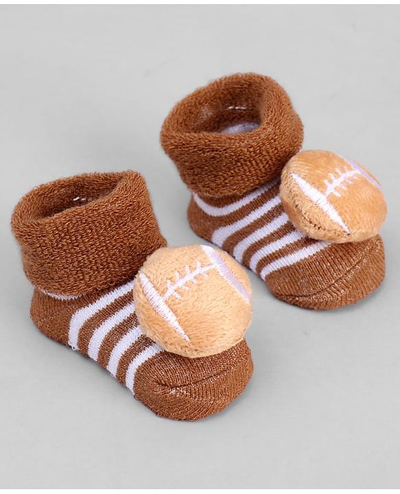 Cute Walk by Babyhug Ankle Length Sock Shoes with Stripes & Ball Applique - Brown