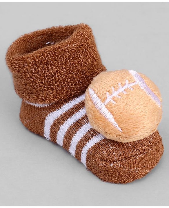 Cute Walk by Babyhug Ankle Length Sock Shoes with Stripes & Ball Applique - Brown