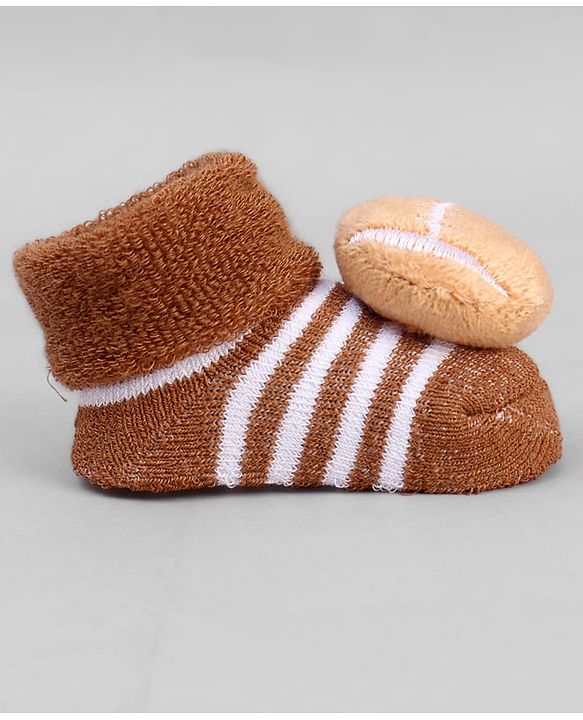 Cute Walk by Babyhug Ankle Length Sock Shoes with Stripes & Ball Applique - Brown
