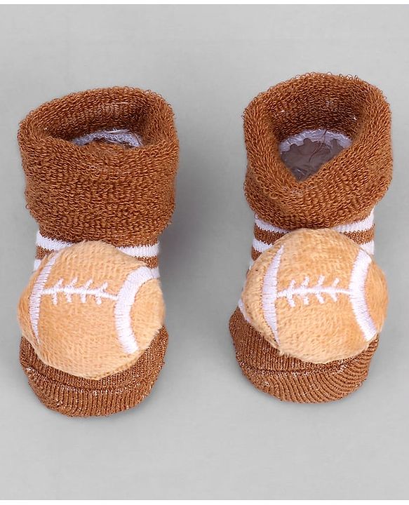 Cute Walk by Babyhug Ankle Length Sock Shoes with Stripes & Ball Applique - Brown
