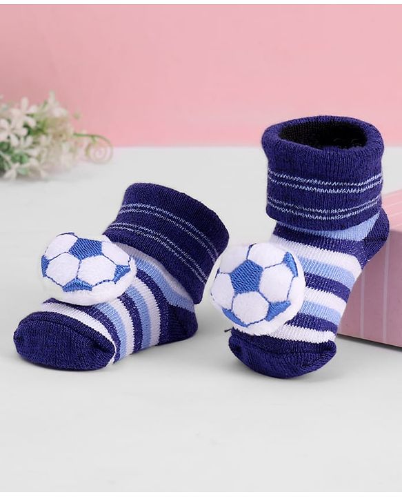 Cute Walk by Babyhug Ankle Length Sock Shoes with Stripes & Ball Applique - Navy Blue