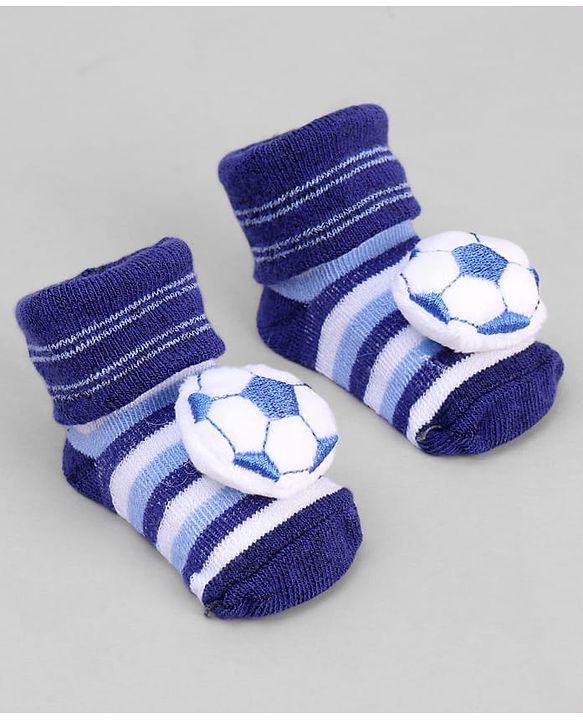 Cute Walk by Babyhug Ankle Length Sock Shoes with Stripes & Ball Applique - Navy Blue