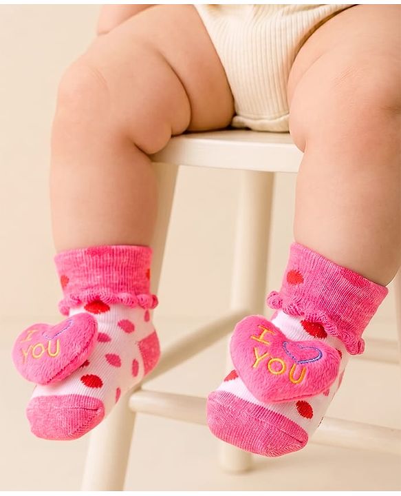 Cute Walk by Babyhug Ankle Length Sock Shoes with Polka Dot Design & Heart Applique - Dark Pink
