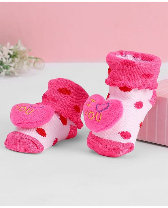 Cute Walk by Babyhug Ankle Length Sock Shoes with Polka Dot Design & Heart Applique - Dark Pink
