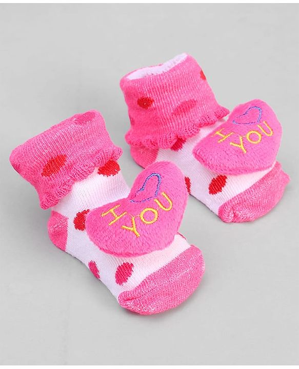 Cute Walk by Babyhug Ankle Length Sock Shoes with Polka Dot Design & Heart Applique - Dark Pink
