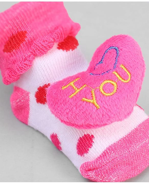 Cute Walk by Babyhug Ankle Length Sock Shoes with Polka Dot Design & Heart Applique - Dark Pink