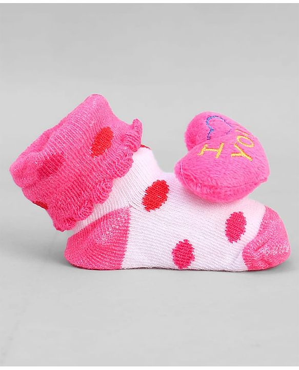 Cute Walk by Babyhug Ankle Length Sock Shoes with Polka Dot Design & Heart Applique - Dark Pink