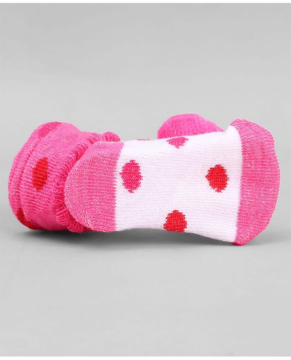 Cute Walk by Babyhug Ankle Length Sock Shoes with Polka Dot Design & Heart Applique - Dark Pink