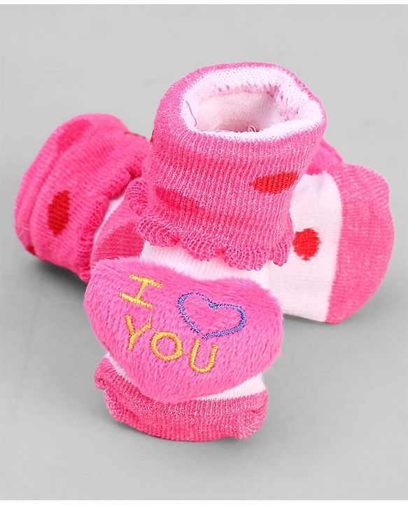 Cute Walk by Babyhug Ankle Length Sock Shoes with Polka Dot Design & Heart Applique - Dark Pink