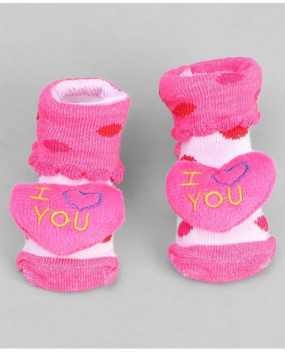Cute Walk by Babyhug Ankle Length Sock Shoes with Polka Dot Design & Heart Applique - Dark Pink