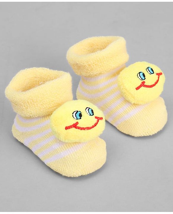Cute Walk by Babyhug Ankle Length Sock Shoes with Stripes & Smiley Applique - Yellow