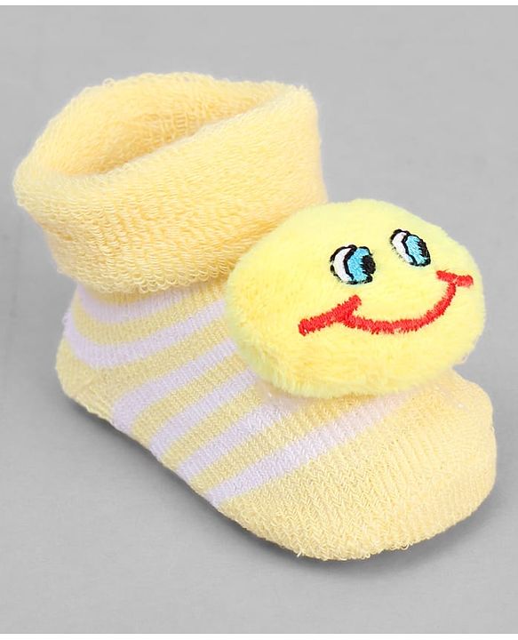Cute Walk by Babyhug Ankle Length Sock Shoes with Stripes & Smiley Applique - Yellow