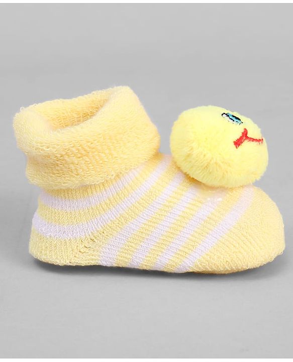 Cute Walk by Babyhug Ankle Length Sock Shoes with Stripes & Smiley Applique - Yellow