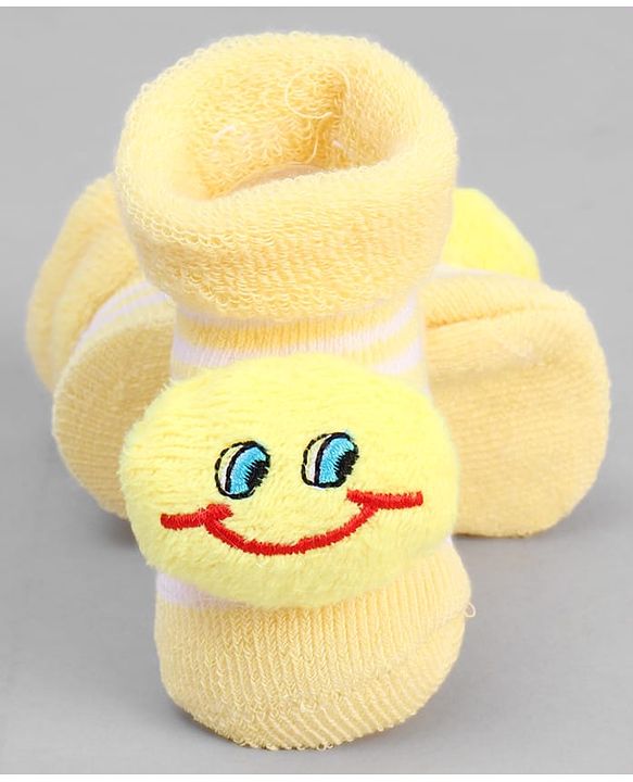 Cute Walk by Babyhug Ankle Length Sock Shoes with Stripes & Smiley Applique - Yellow