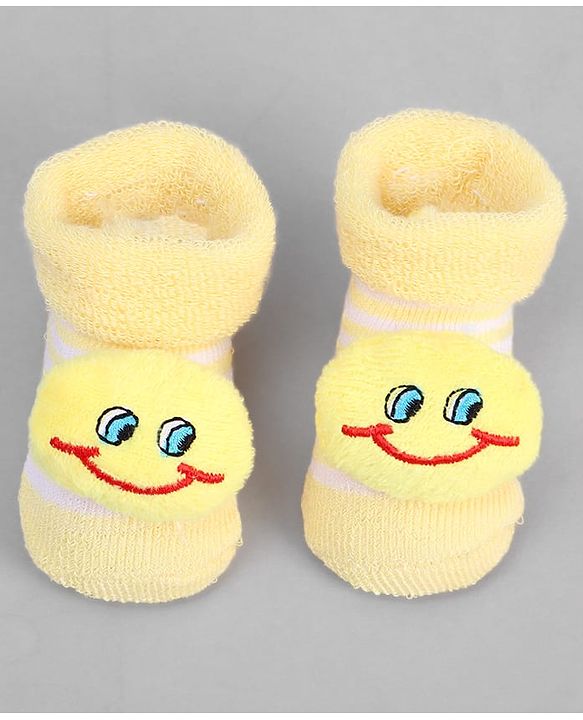 Cute Walk by Babyhug Ankle Length Sock Shoes with Stripes & Smiley Applique - Yellow