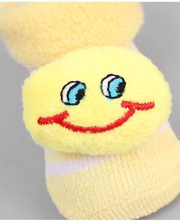 Cute Walk by Babyhug Ankle Length Sock Shoes with Stripes & Smiley Applique - Yellow