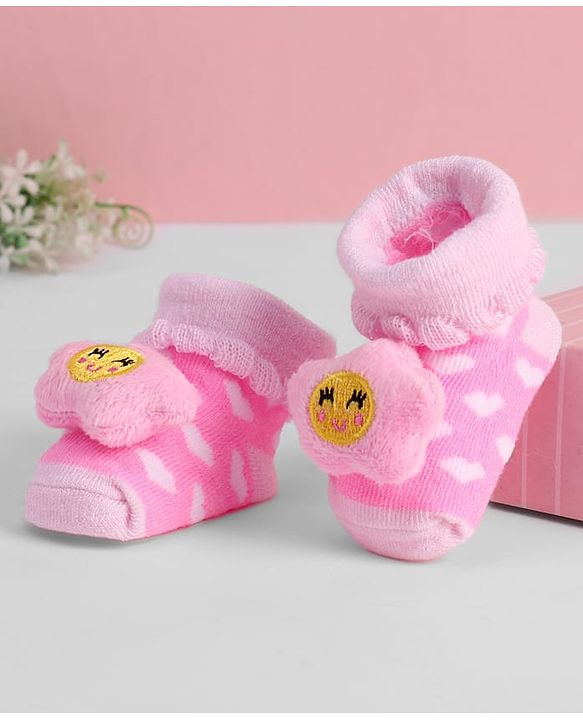 Cute Walk by Babyhug Ankle Length Sock Shoes with Heart Design & Star Applique - Pink