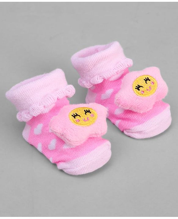 Cute Walk by Babyhug Ankle Length Sock Shoes with Heart Design & Star Applique - Pink