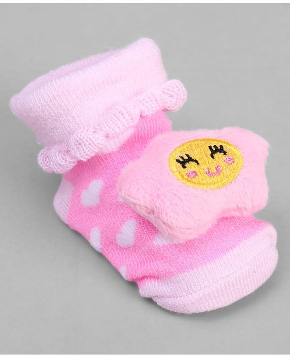 Cute Walk by Babyhug Ankle Length Sock Shoes with Heart Design & Star Applique - Pink