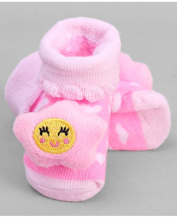 Cute Walk by Babyhug Ankle Length Sock Shoes with Heart Design & Star Applique - Pink