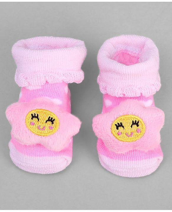 Cute Walk by Babyhug Ankle Length Sock Shoes with Heart Design & Star Applique - Pink