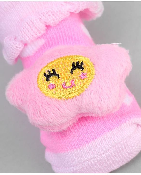 Cute Walk by Babyhug Ankle Length Sock Shoes with Heart Design & Star Applique - Pink
