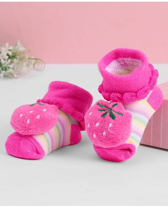 Cute Walk by Babyhug Ankle Length Sock Shoes with Stripes & Fruit Applique - Pink