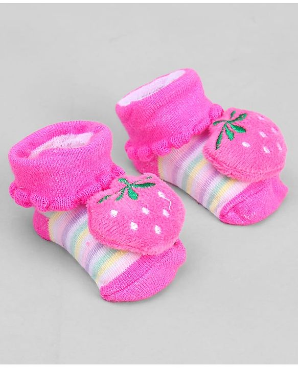 Cute Walk by Babyhug Ankle Length Sock Shoes with Stripes & Fruit Applique - Pink
