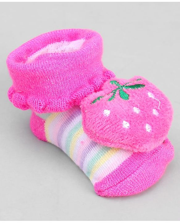 Cute Walk by Babyhug Ankle Length Sock Shoes with Stripes & Fruit Applique - Pink