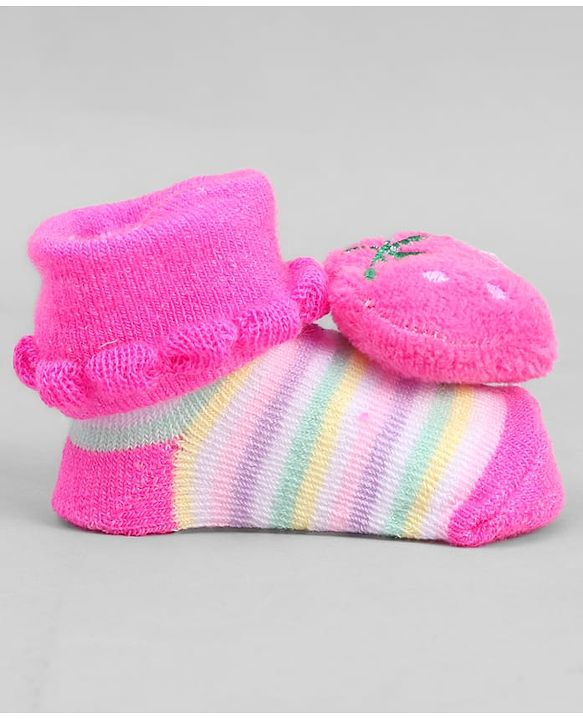 Cute Walk by Babyhug Ankle Length Sock Shoes with Stripes & Fruit Applique - Pink