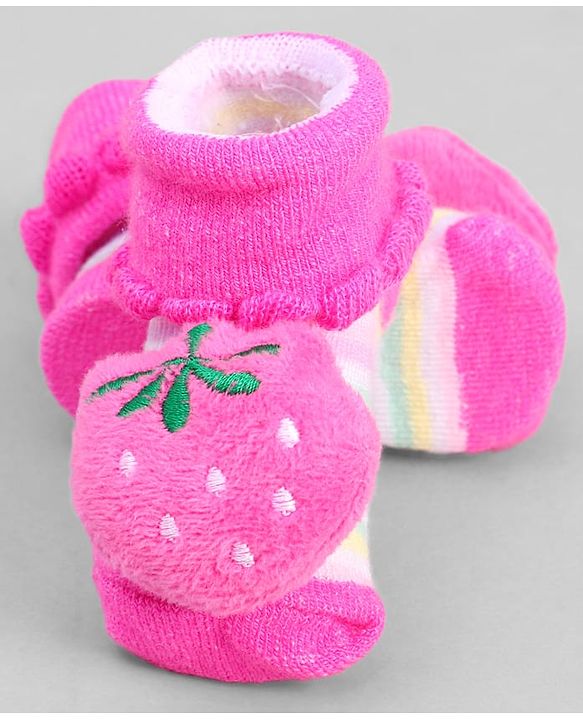 Cute Walk by Babyhug Ankle Length Sock Shoes with Stripes & Fruit Applique - Pink