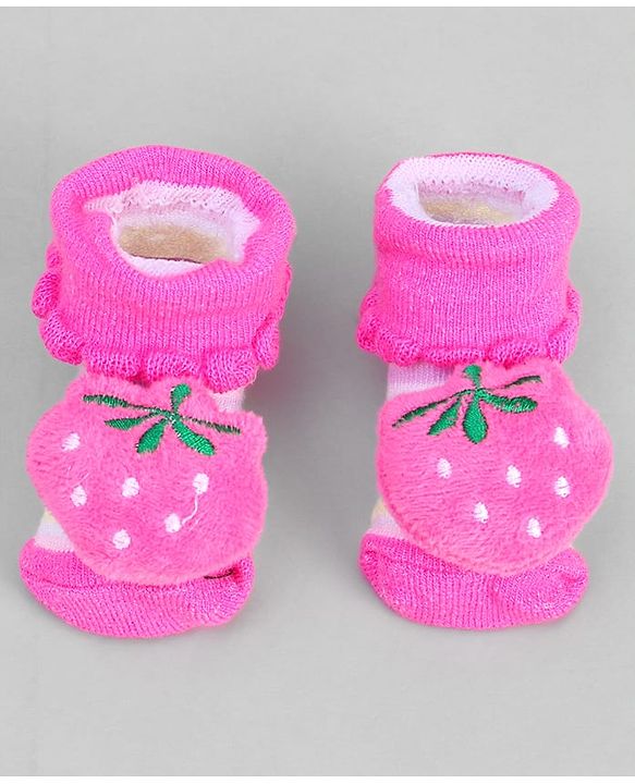 Cute Walk by Babyhug Ankle Length Sock Shoes with Stripes & Fruit Applique - Pink