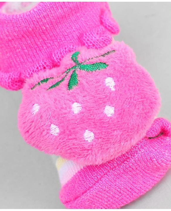 Cute Walk by Babyhug Ankle Length Sock Shoes with Stripes & Fruit Applique - Pink