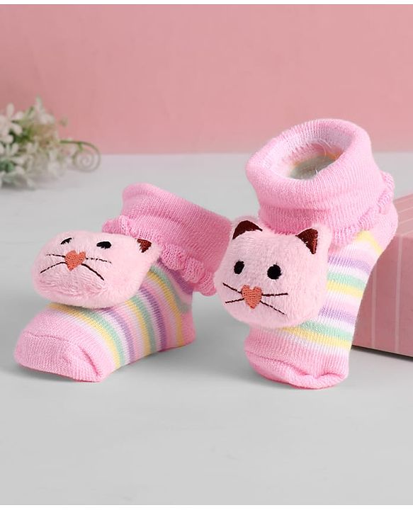 Cute Walk by Babyhug Ankle Length Sock Shoes with Stripes & Kitty Applique - Pink