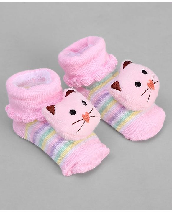 Cute Walk by Babyhug Ankle Length Sock Shoes with Stripes & Kitty Applique - Pink