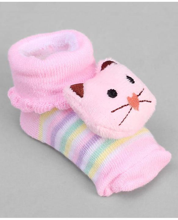 Cute Walk by Babyhug Ankle Length Sock Shoes with Stripes & Kitty Applique - Pink