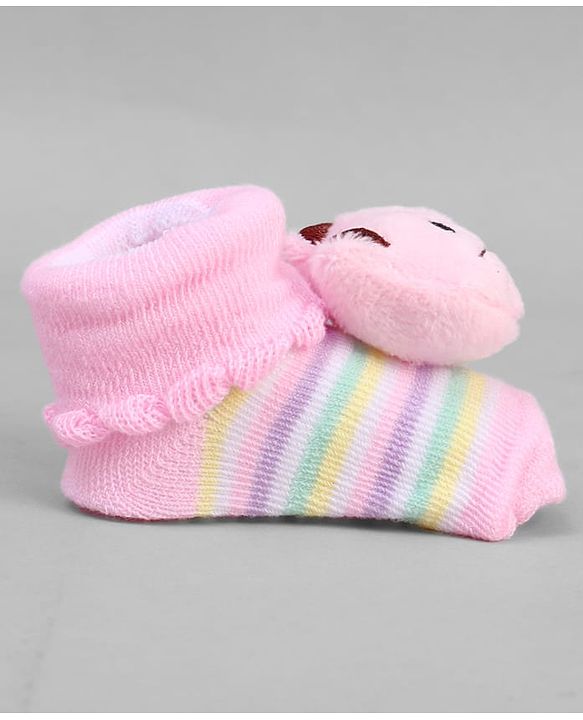Cute Walk by Babyhug Ankle Length Sock Shoes with Stripes & Kitty Applique - Pink