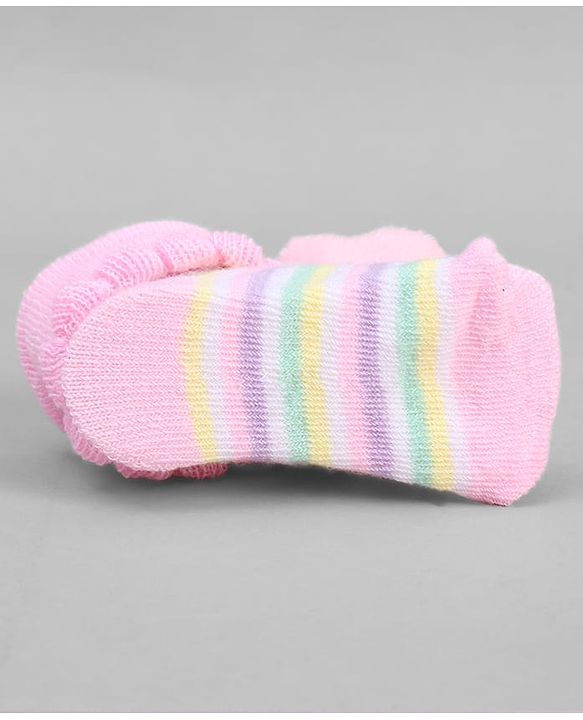 Cute Walk by Babyhug Ankle Length Sock Shoes with Stripes & Kitty Applique - Pink