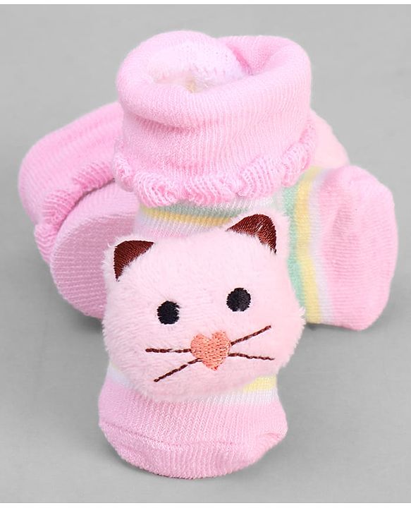 Cute Walk by Babyhug Ankle Length Sock Shoes with Stripes & Kitty Applique - Pink